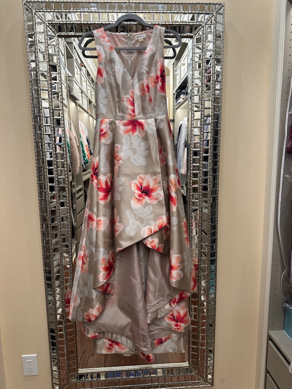 Calvin Klein Taupe Floral Asymmetrical High-Low Dress with Coral Accents